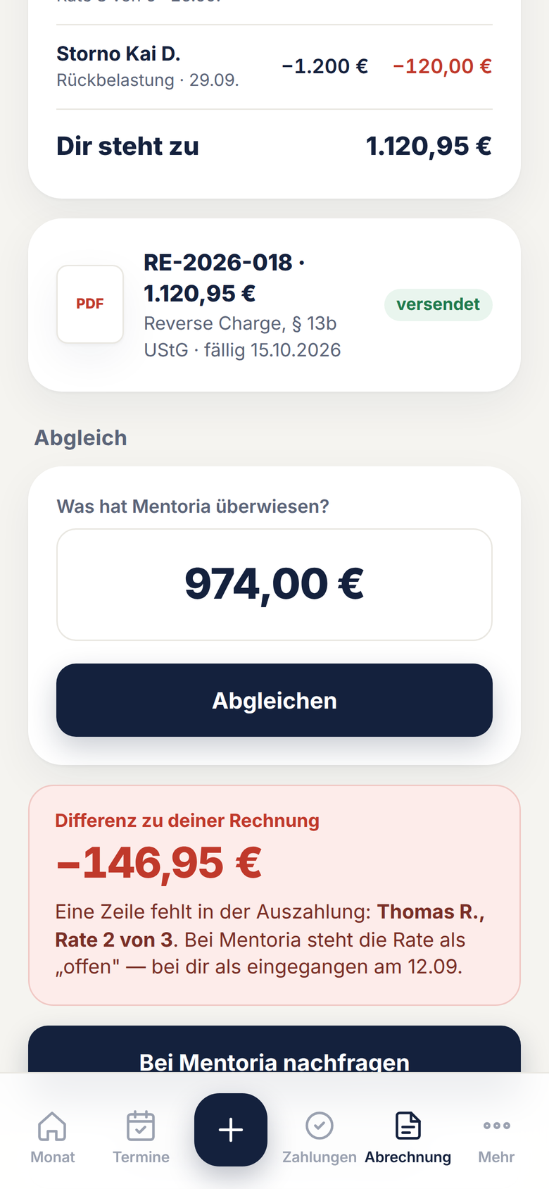Abgleich: Differenz zur eigenen Rechnung, fehlende Zeile markiert