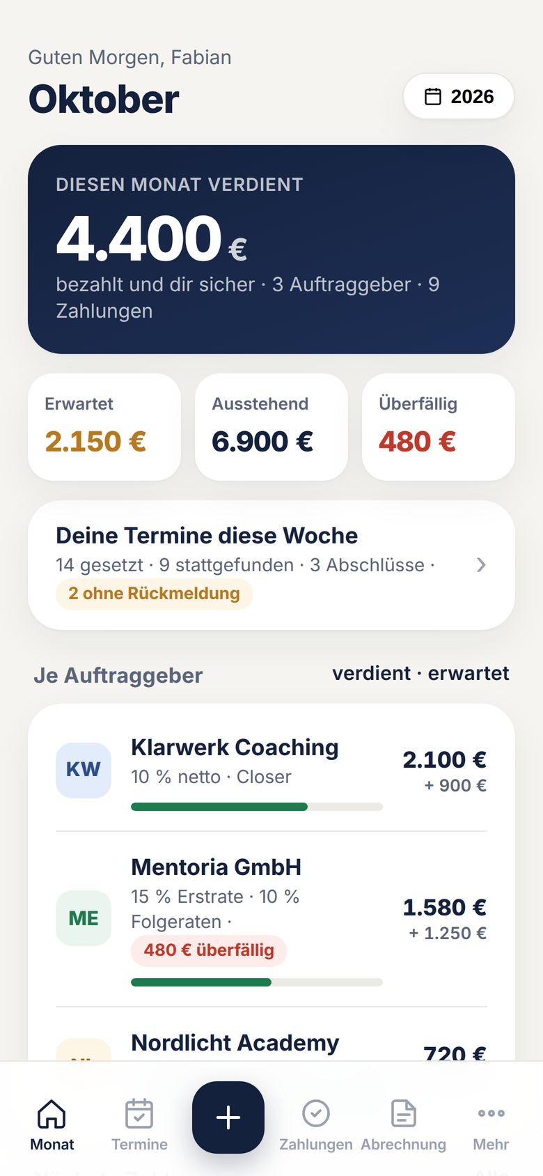 Provisionsbuch — Monatsansicht: diesen Monat verdient, erwartet, ausstehend, überfällig